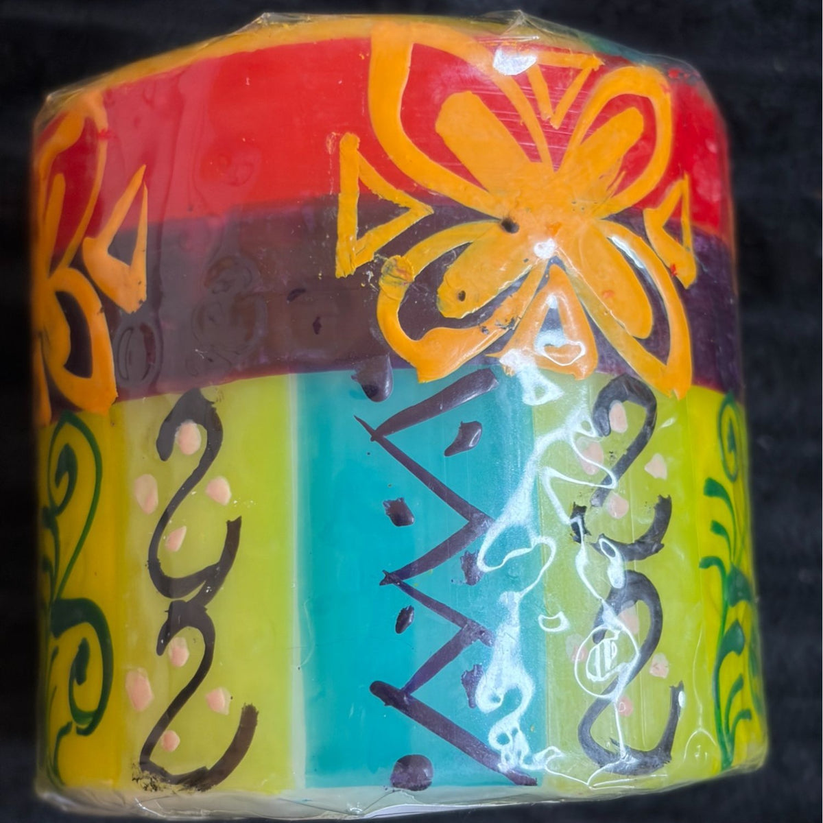 Handmade Fair-Trade Nobunto Matuko 3" Decorative Pillar Candle South Africa Vibrant Floral & Abstract Design In Red/Yellow/Green/Blue