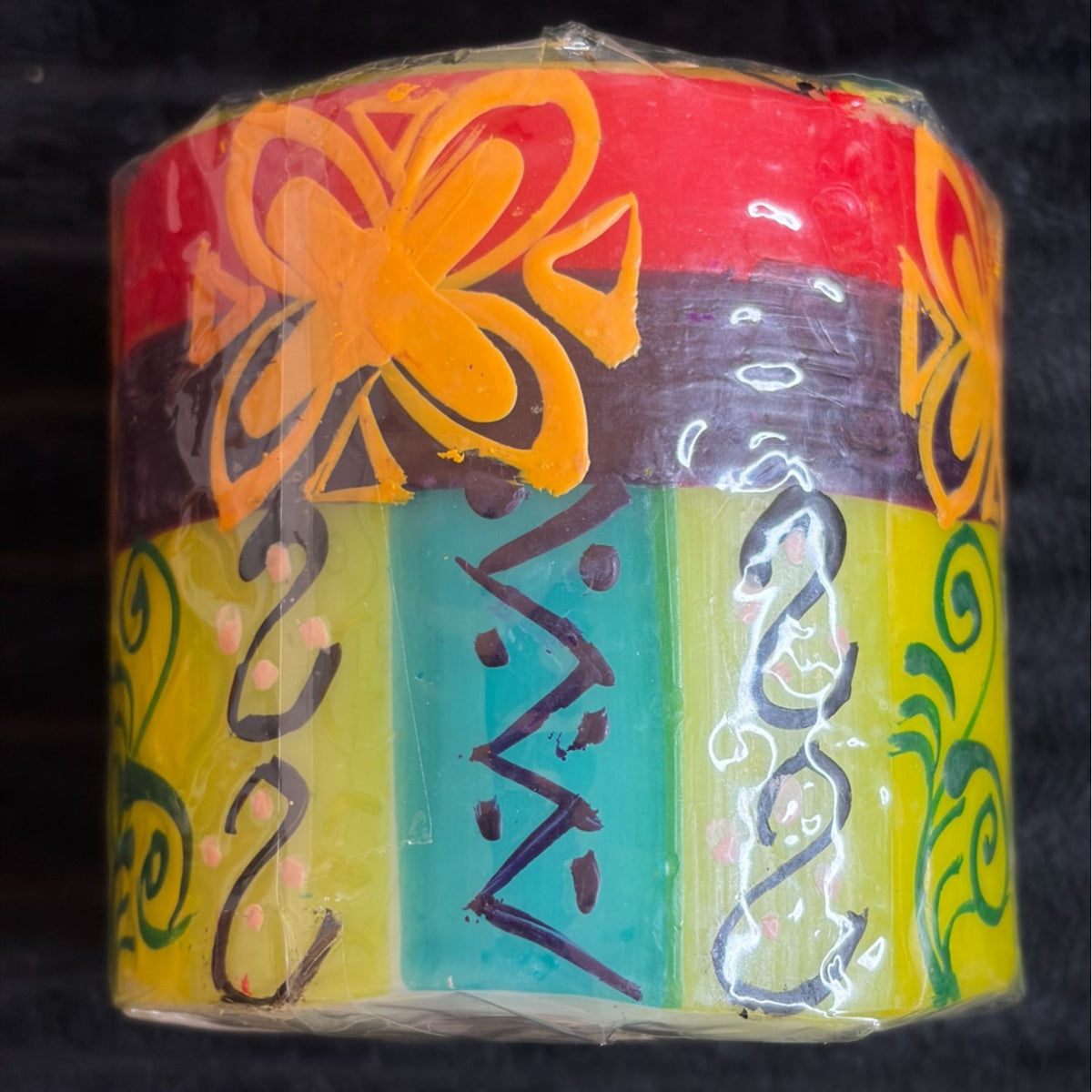 Handmade Fair-Trade Nobunto Matuko 3" Decorative Pillar Candle South Africa Vibrant Floral & Abstract Design In Red/Yellow/Green/Blue
