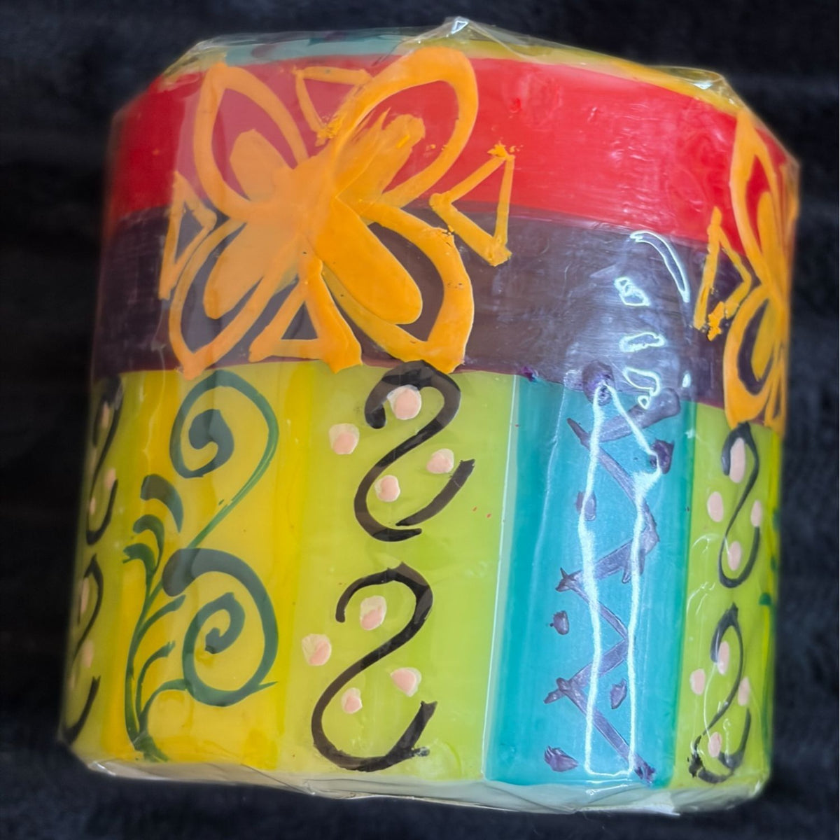Handmade Fair-Trade Nobunto Matuko 3" Decorative Pillar Candle South Africa Vibrant Floral & Abstract Design In Red/Yellow/Green/Blue