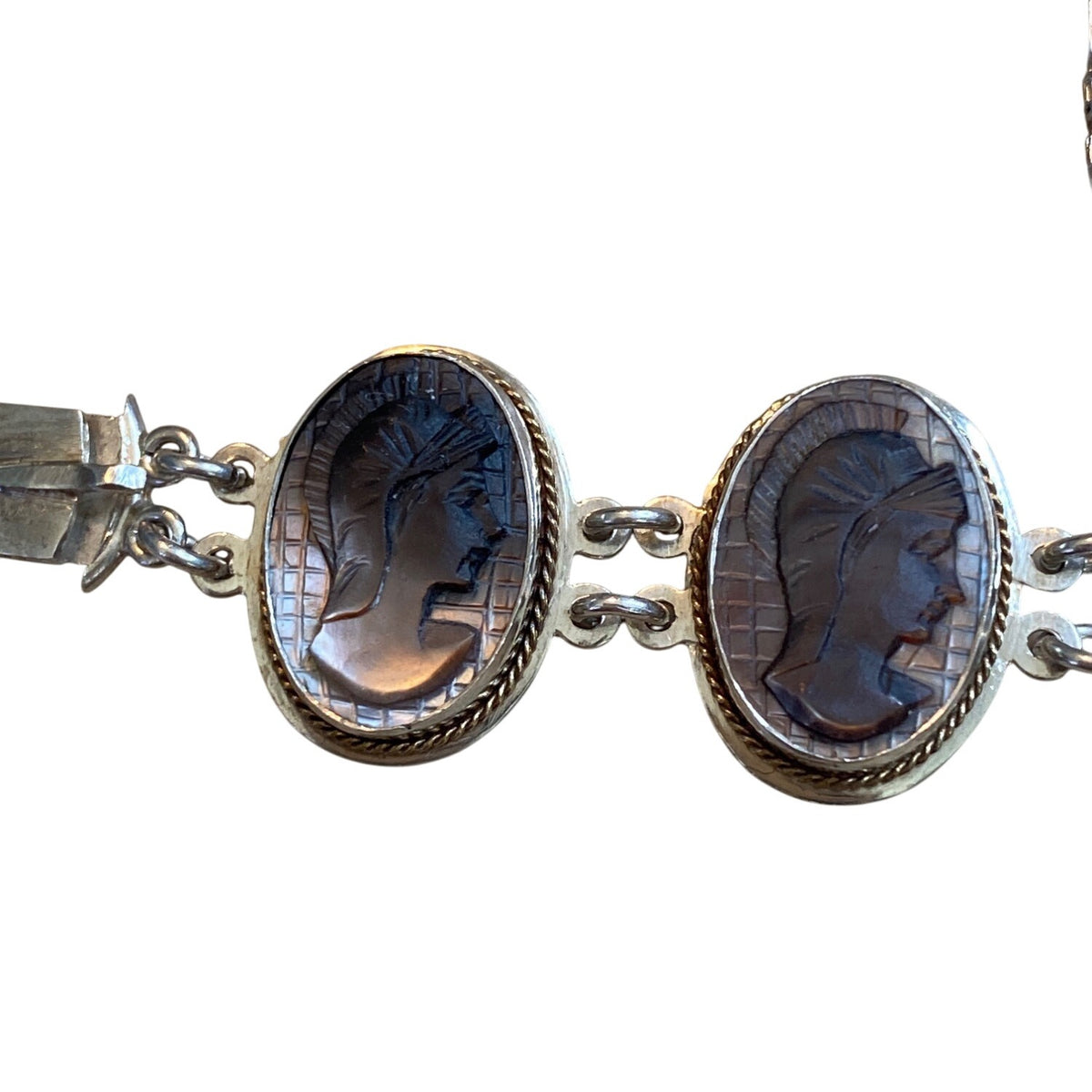 Victorian 800 Silver Shell Cameo Necklace and Bracelet Set With Mother Of Pearl MOP