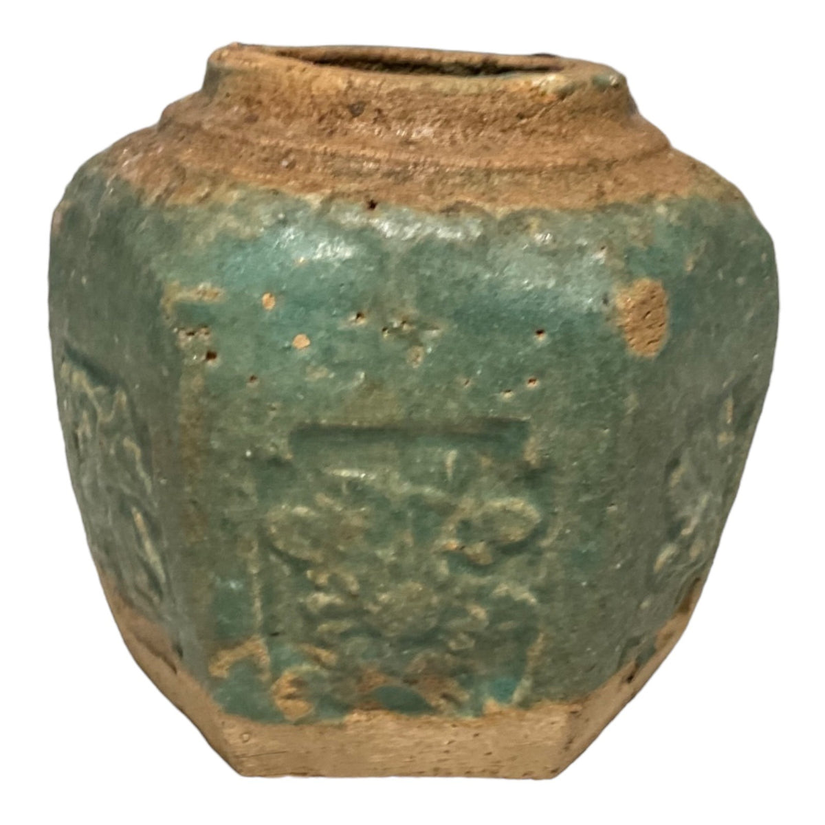 Qing Dynasty Ginger Pot Jar Vase Glazed Earthenware Green c1900 Floral Design Shiwan Meiji