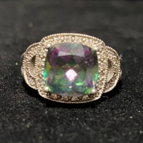 Ring Size 6 Mystic Topaz 5 Carats 10mm x 10mm 30 CZ 1mm x 1mm Sterling Silver Stamped 925 Vintage Jewelry