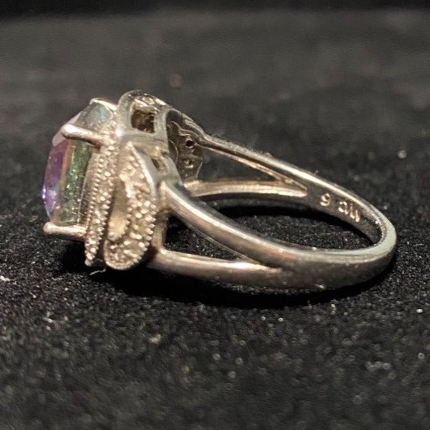 Ring Size 6 Mystic Topaz 5 Carats 10mm x 10mm 30 CZ 1mm x 1mm Sterling Silver Stamped 925 Vintage Jewelry