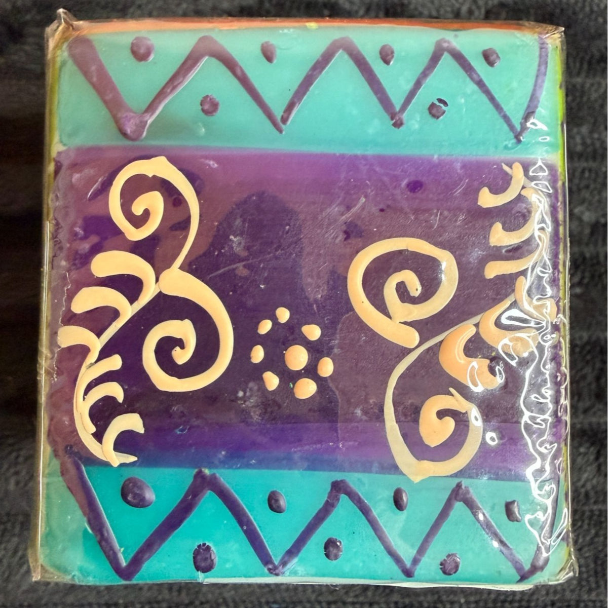 Hand-Painted Nobunto Matuko Fair Trade Candle Trio From South Africa 2.25" Vibrant Teal & Purple Geometric Design