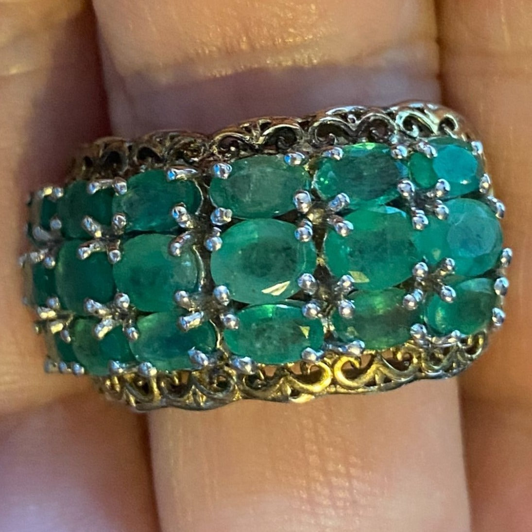 Ring Emerald Size 8 18 Stones 9.366 Carats Sterling Silver 925 Gold Accent