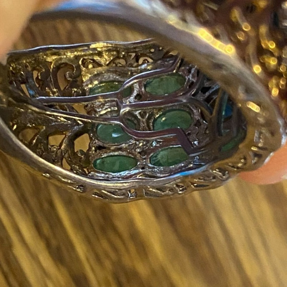 Ring Emerald Size 8 18 Stones 9.366 Carats Sterling Silver 925 Gold Accent