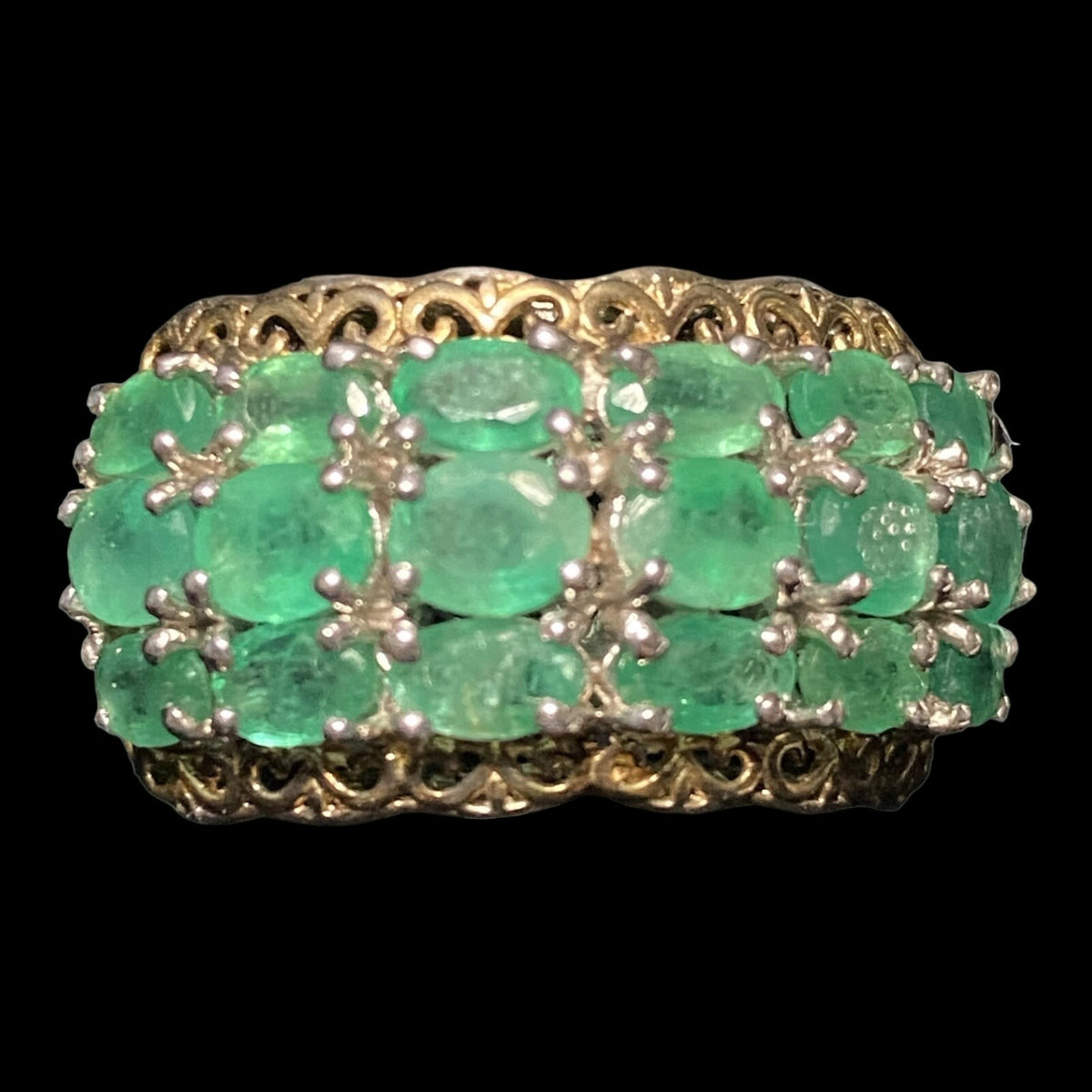 Ring Emerald Size 8 18 Stones 9.366 Carats Sterling Silver 925 Gold Accent