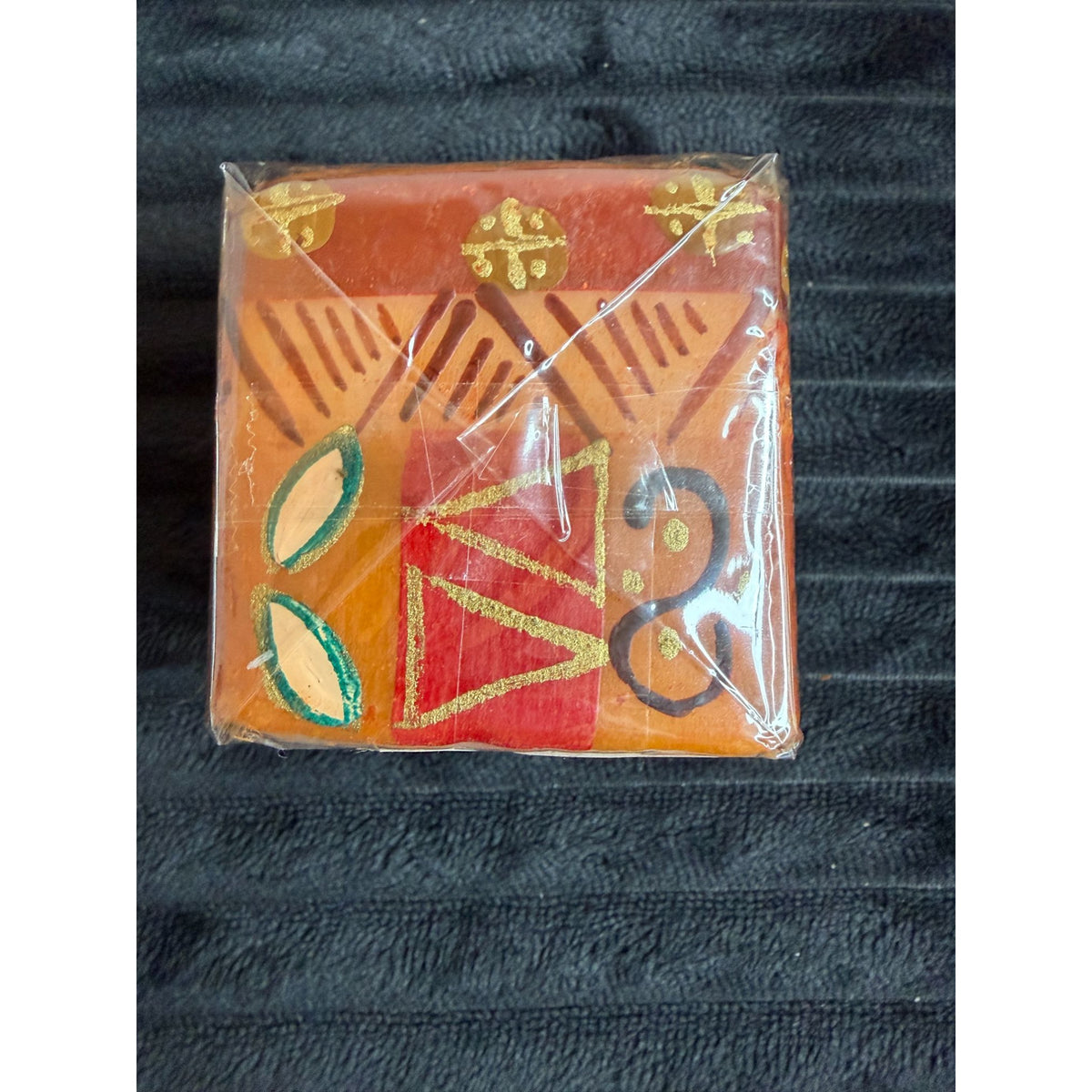 Handmade Fair-Trade Nobunto Bongazi 2.5" Square Candle African Design Red Orange Gold Unique
