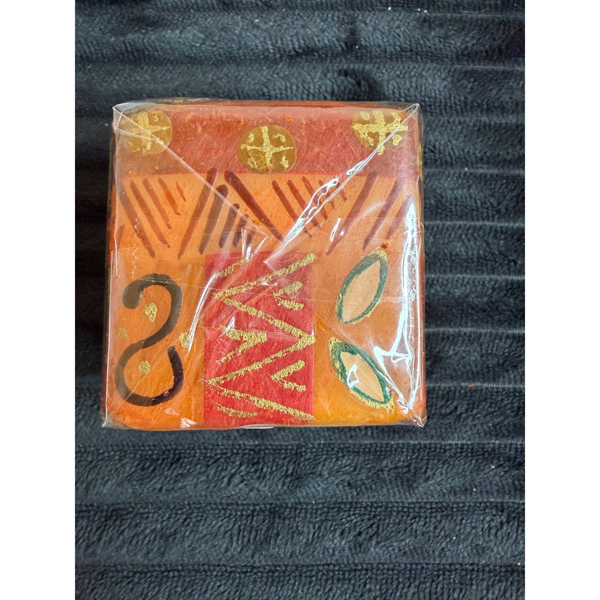 Handmade Fair-Trade Nobunto Bongazi 2.5" Square Candle African Design Red Orange Gold Unique