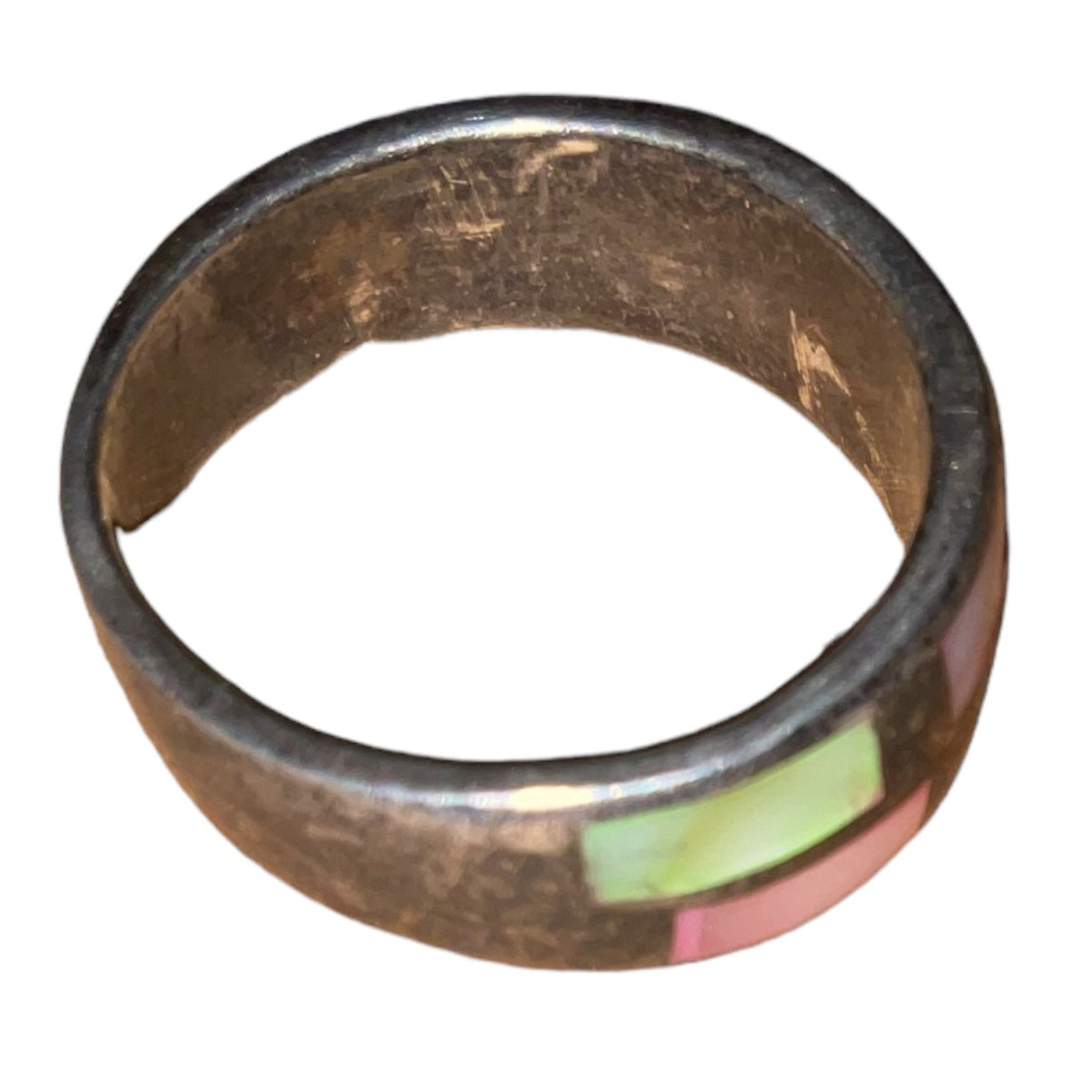 Ring Size 8.5 Mother of Pearl Inlay Sterling Silver 925 Pink Green Vintage