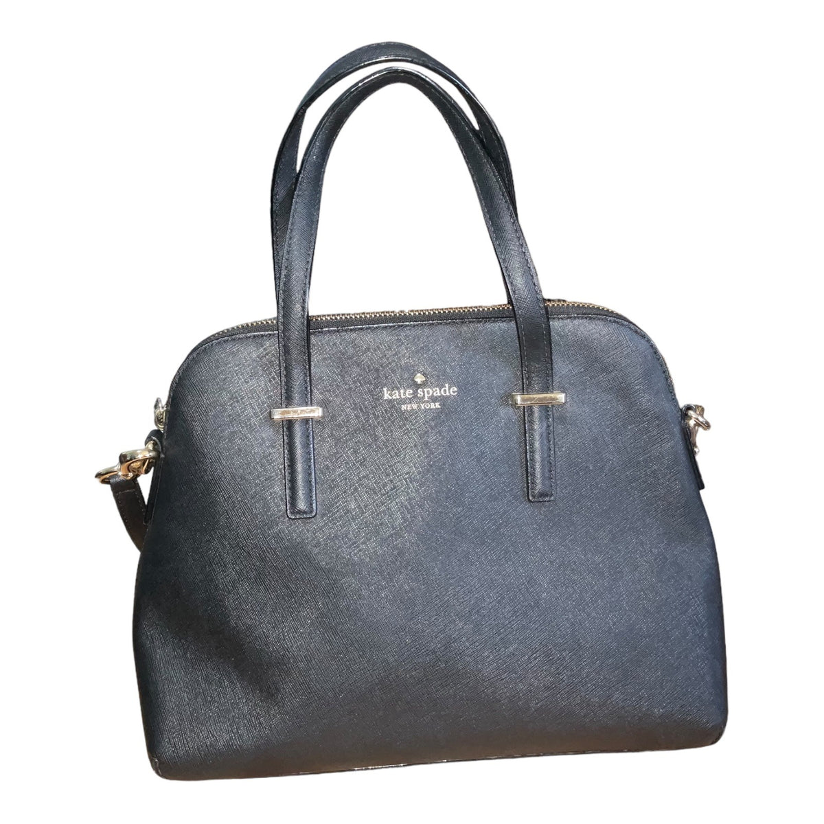 Kate Spade New York Black Leather Satchel Bag With Polka Dot Lining & Adjustable Strap