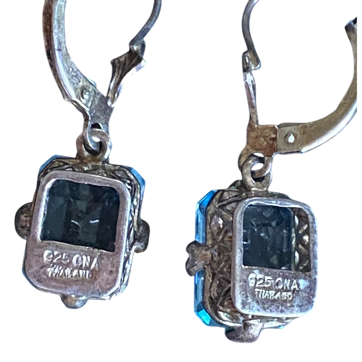 Vintage Sterling Silver 925 Earrings With Blue Sapphire Gemstones & Leverback Closure