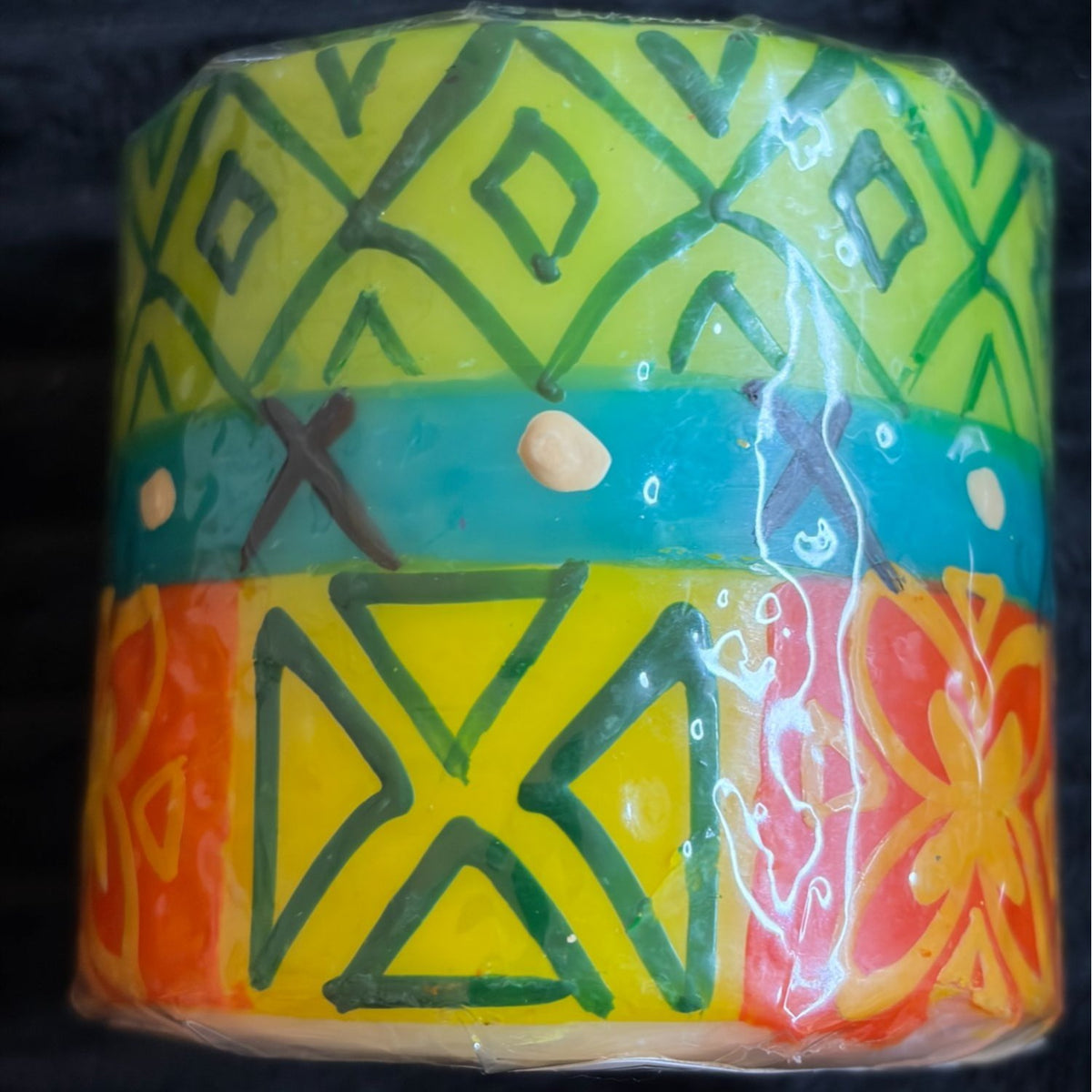 Vibrant Nobunto Matuko Handmade Fair-Trade South African Decorative Pillar Candle 3" Geometric & Floral Patterns In Red/Yellow/Green/Blue
