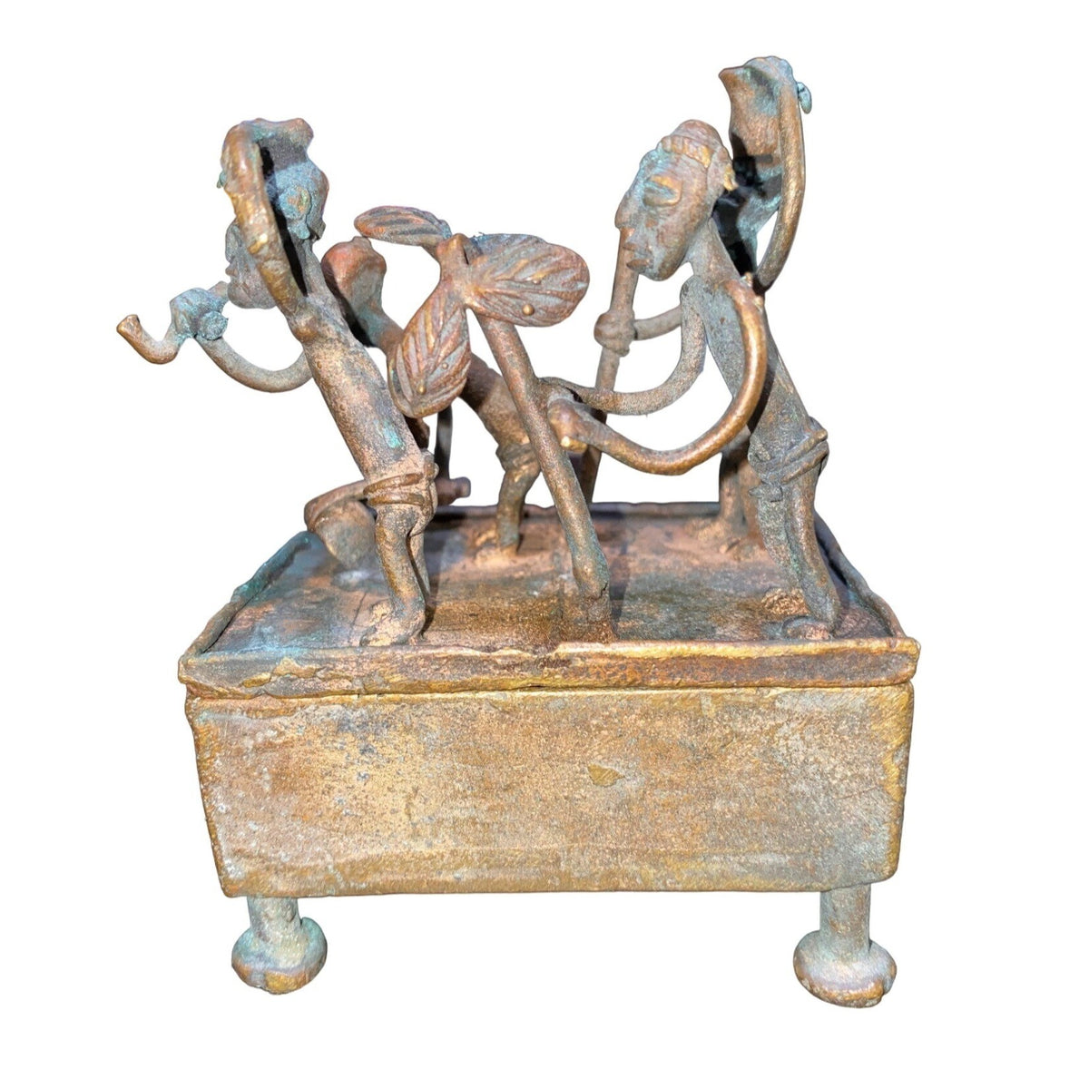 Handmade Bronze African Box-Style Statue With Musicians Cameroonian Art 4" X 2" X 5" Rustic Décor Piece