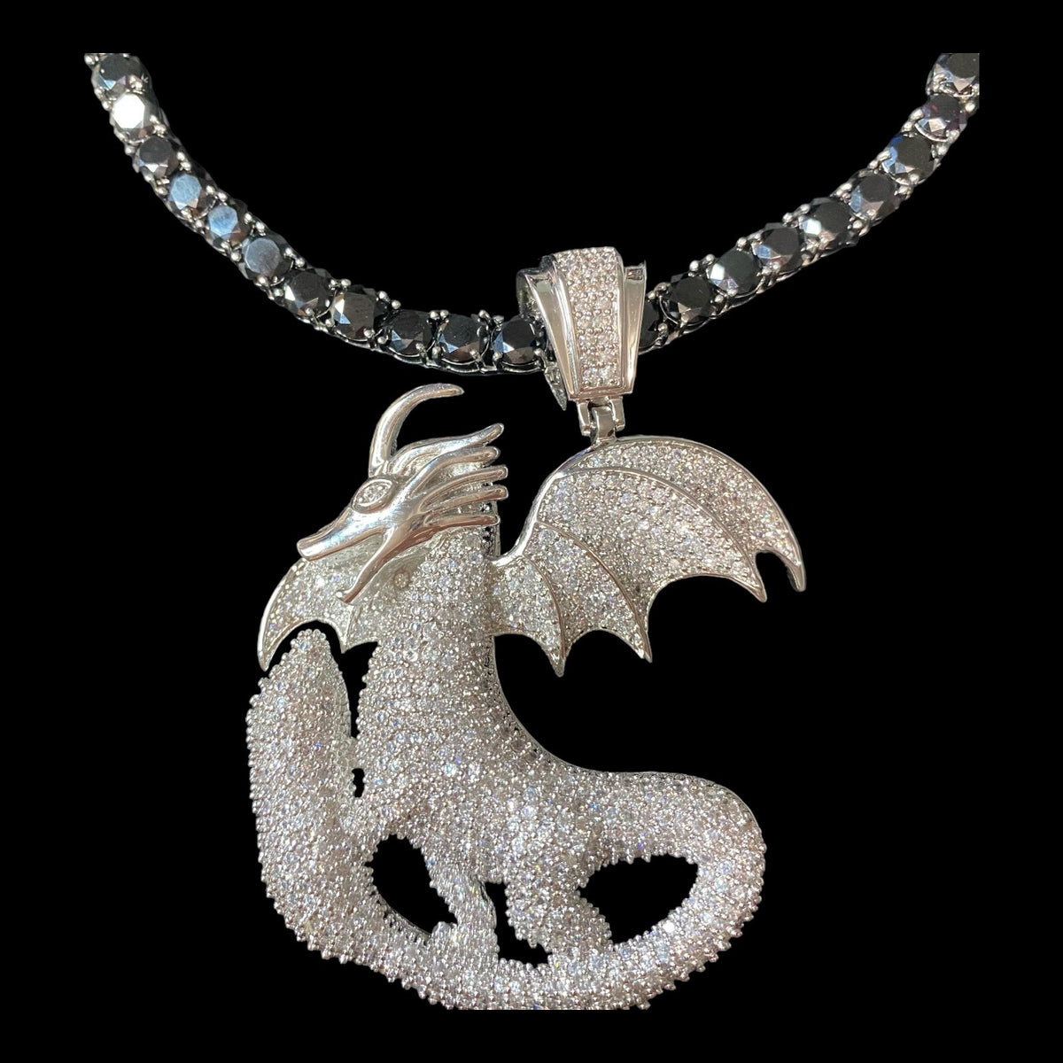 34" Necklace Dragon Pendant 6mm Faceted Black Tourmaline Schorl in Stainless Steel Settings Jewelry