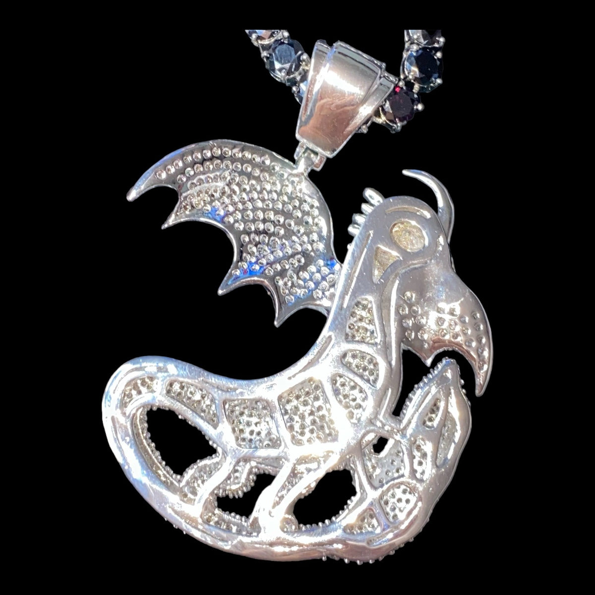 34" Necklace Dragon Pendant 6mm Faceted Black Tourmaline Schorl in Stainless Steel Settings Jewelry
