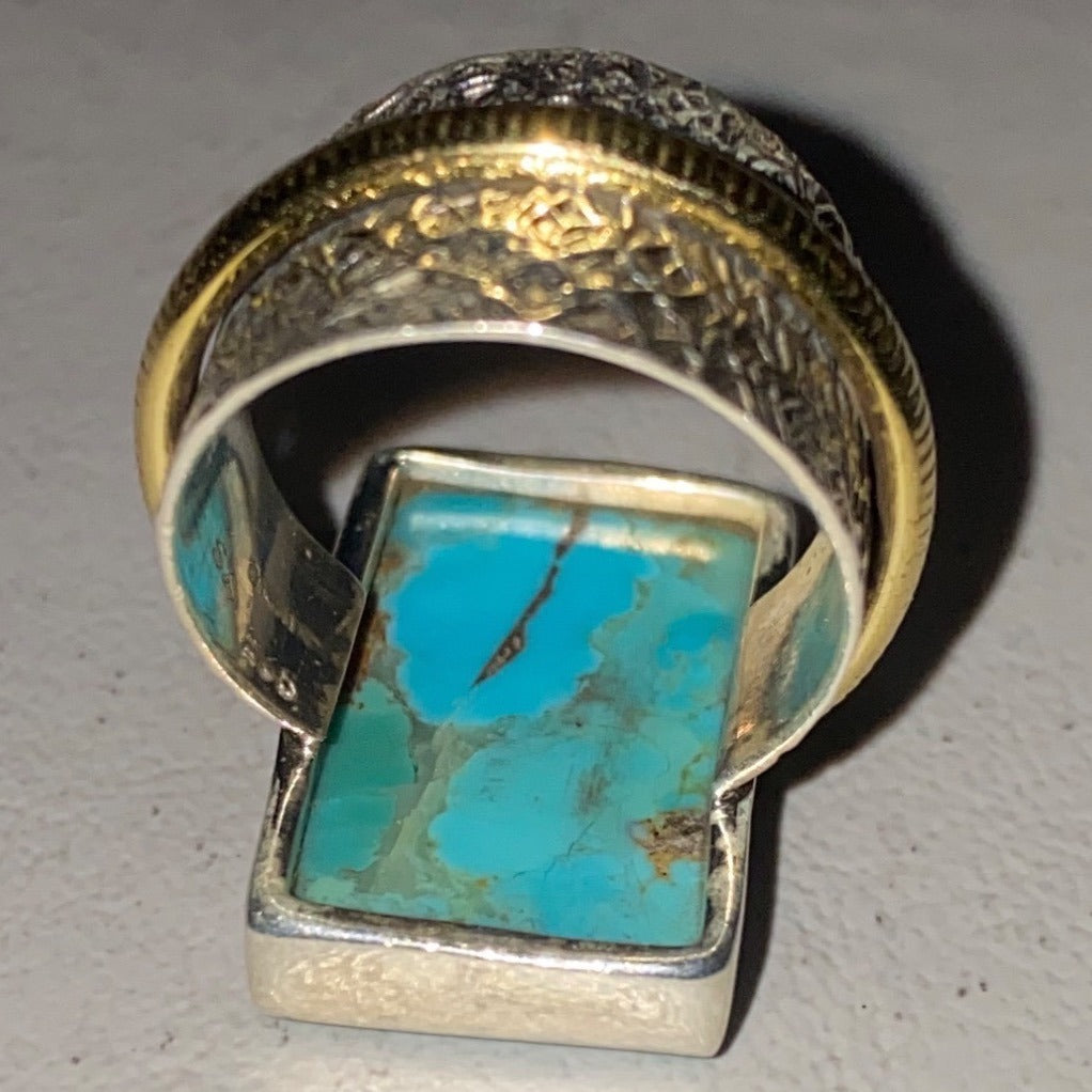 Ring Turquoise Size 5.5 20mm x 12mm Sterling Silver Stamped 925 Gold-Tone Accent Rectangle Setting Jewelry