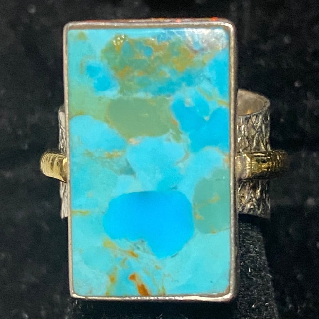 Ring Turquoise Size 5.5 20mm x 13mm Sterling Silver Stamped 925 Gold-Tone Accent Rectangle Setting Jewelry