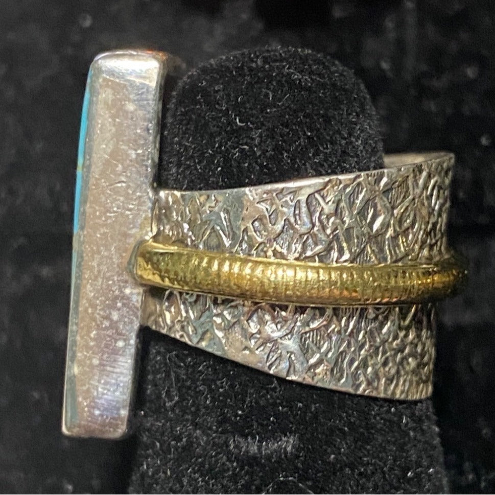 Ring Turquoise Size 5.5 20mm x 13mm Sterling Silver Stamped 925 Gold-Tone Accent Rectangle Setting Jewelry