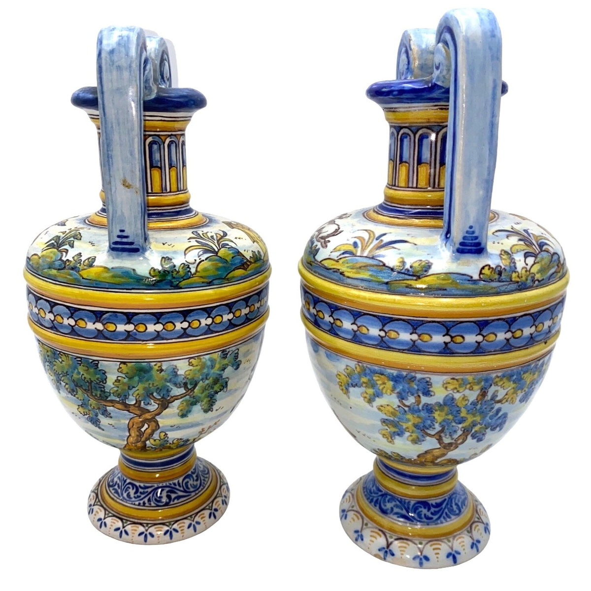 Lot of 2 Talavera Vase Two-Handled No. 63 Espana Spain Top Shield Crescent Moon Chicken Rabbit Poultry Hare Home Villa