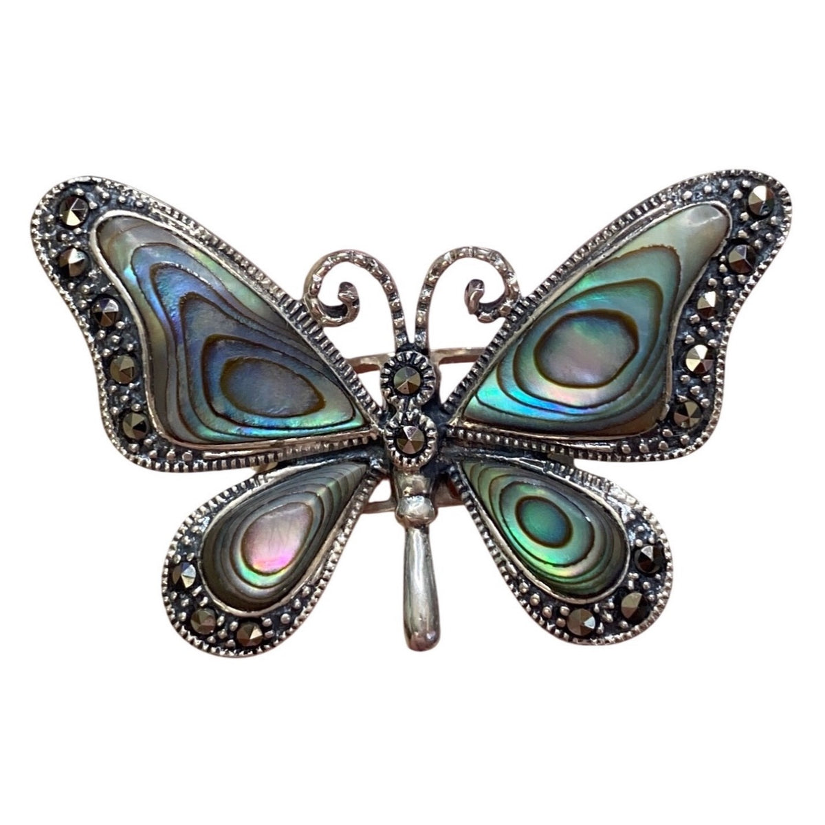 Marcasite & Abalone Butterfly Ring Adjustable Size 7.5 Sterling Silver 925