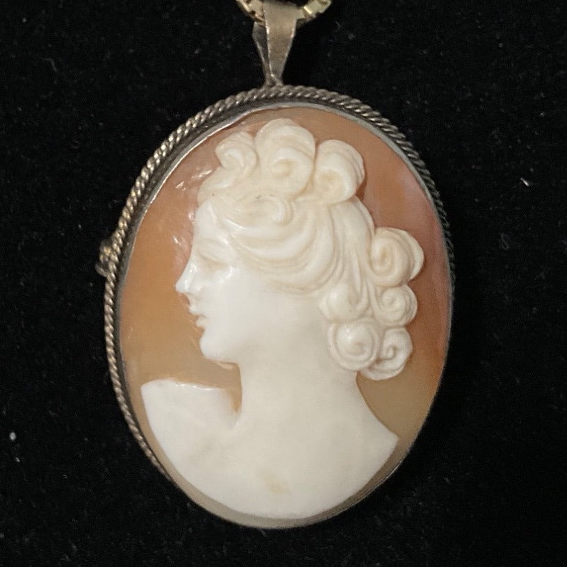 Vintage Gold Cameo Pendant Necklace & Earrings Set With Intricate Carved Shell Design On Box Chain14”, Pendant 1.5”, Chain 14”