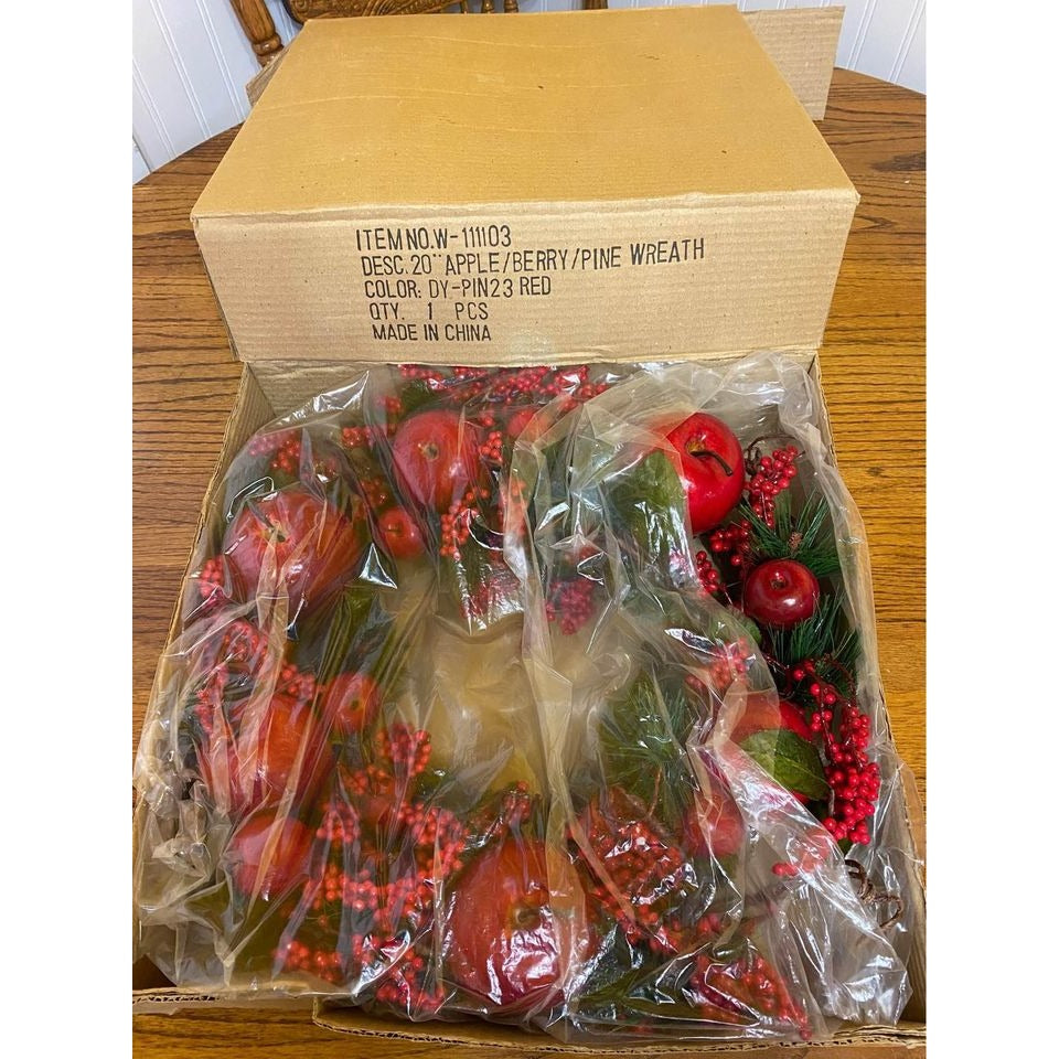 20" Red Artificial Apple Berry Pine Wreath For Christmas Decoration