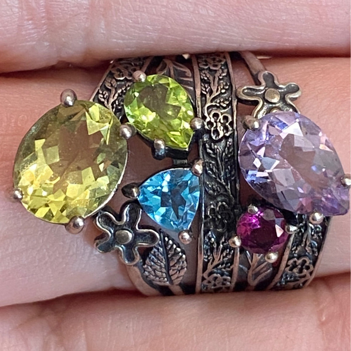 Ring Size 9 Citrine Tourmaline Peridot Topaz Floral Nature Sterling Silver 925 Women Semi-Precious Stone