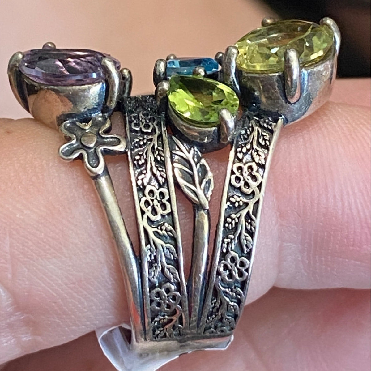 Ring Size 9 Citrine Tourmaline Peridot Topaz Floral Nature Sterling Silver 925 Women Semi-Precious Stone