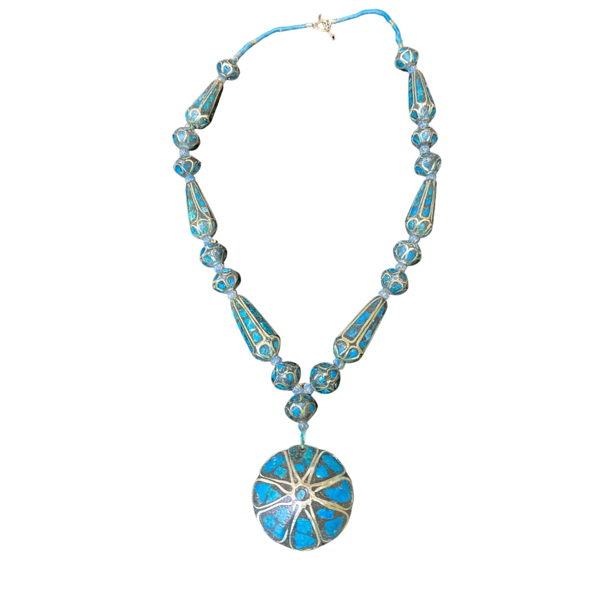 Vintage Blue Mosaic Beaded Necklace With Circular Pendant & Toggle Clasp