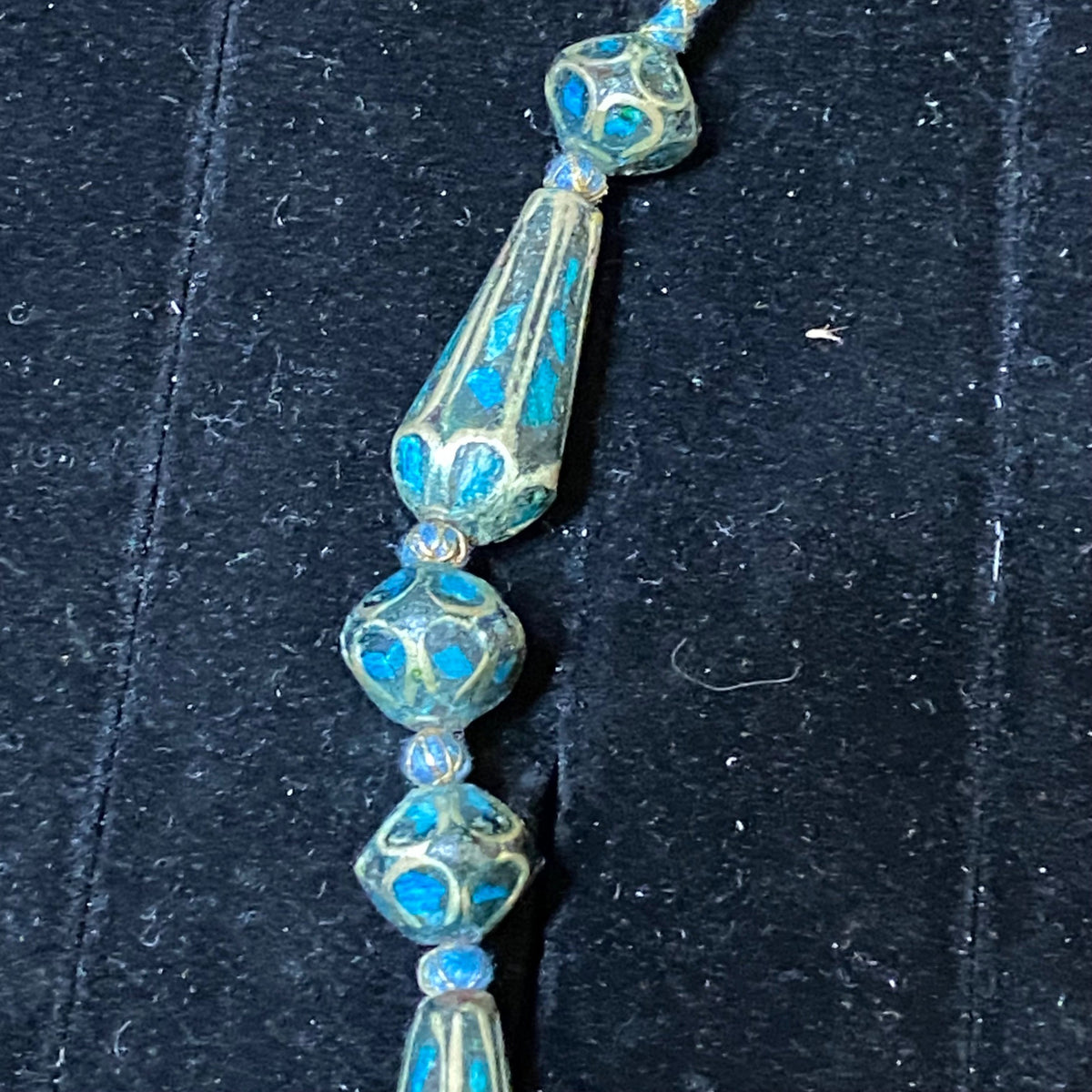 Vintage Blue Mosaic Beaded Necklace With Circular Pendant & Toggle Clasp