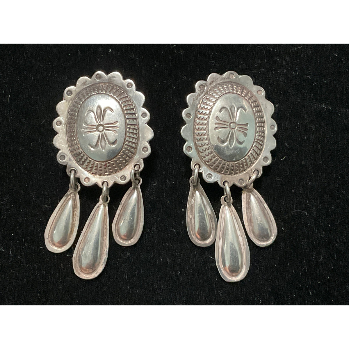 Native Navajo Concho Dangle Drop Earrings Clip-On “LJ” Sterling Silver 925