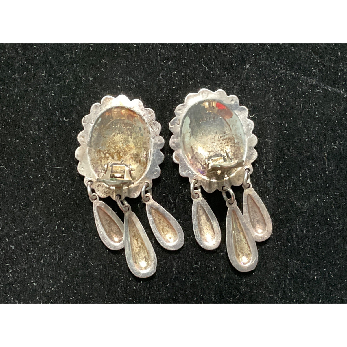 Native Navajo Concho Dangle Drop Earrings Clip-On “LJ” Sterling Silver 925