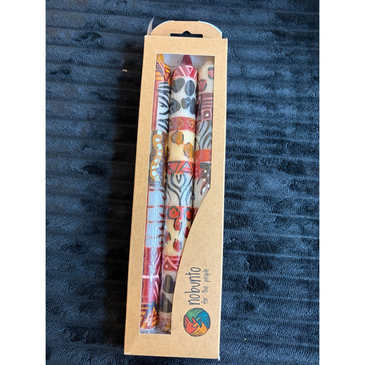 Hand-Painted Nobunto Uzima 3pc 9" Dinner Candles Fair-Trade South Africa Unique Artistic Patterns Multicolor Tall Candle Set Gift Box
