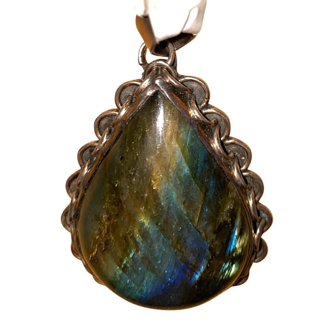Labradorite Teardrop Pendant With Scalloped Sterling Silver Setting