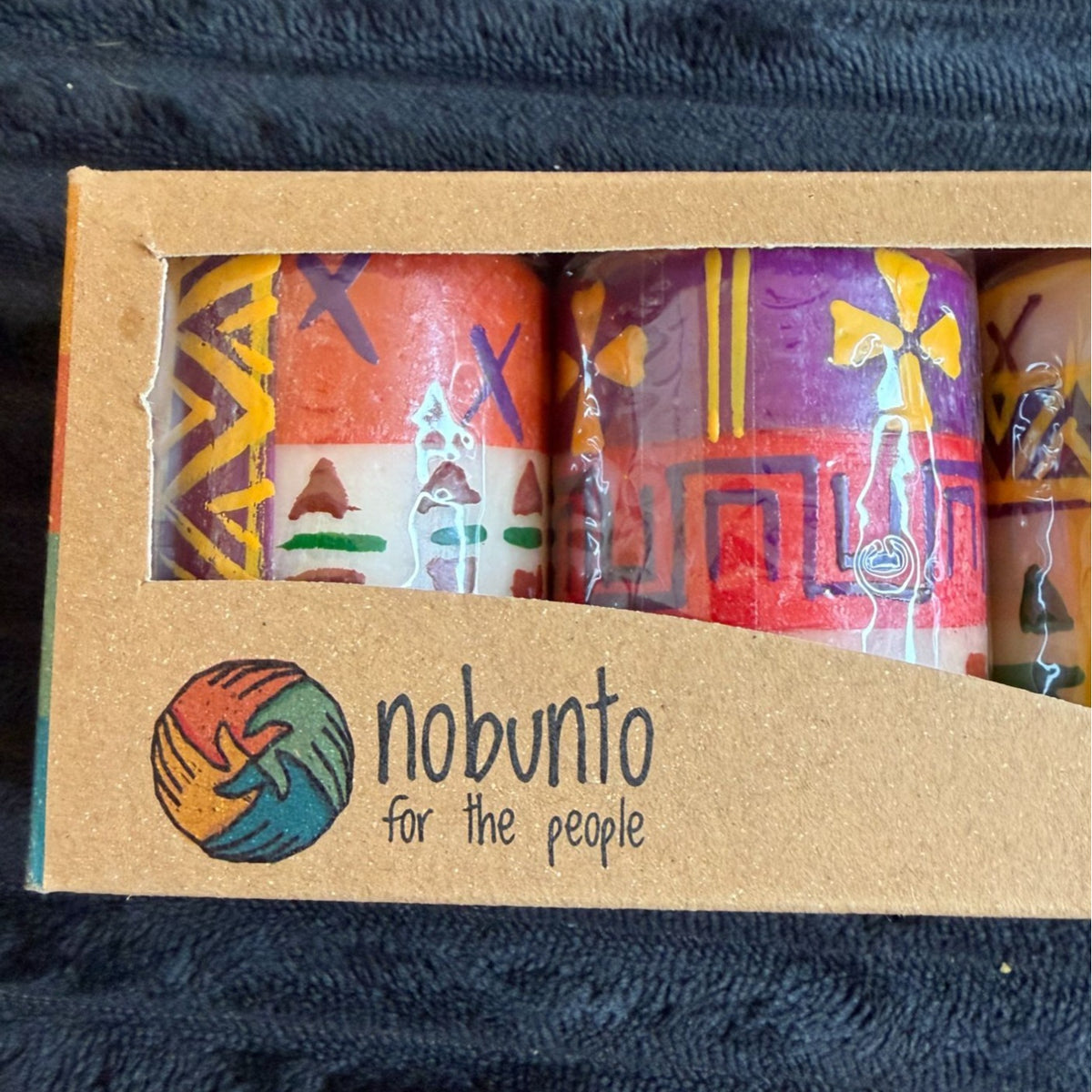 Handmade Nobunto Fair Trade Indabuko 2.5"Votive Candle Set 3 Pc South Africa Unique Hand-Painted Designs Red Yellow Purple Blue Orange Green