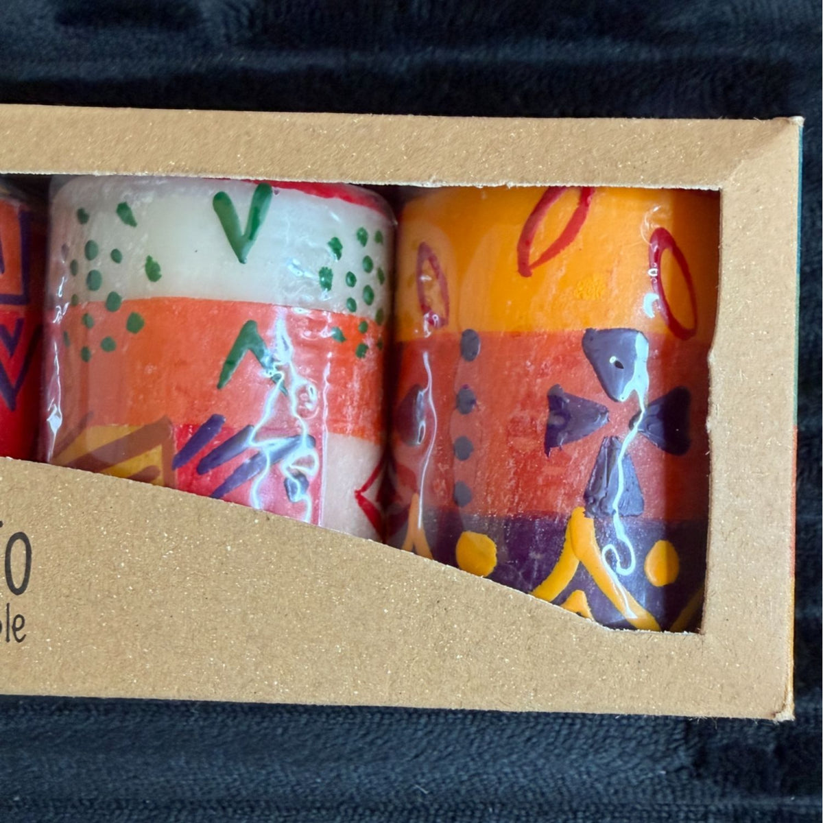 Nobunto Indabuko Handcrafted Fair-Trade South African 2.5" Candle Set - Unique Hand-Painted 3-Piece Decor - Red Orange Yellow Patterns