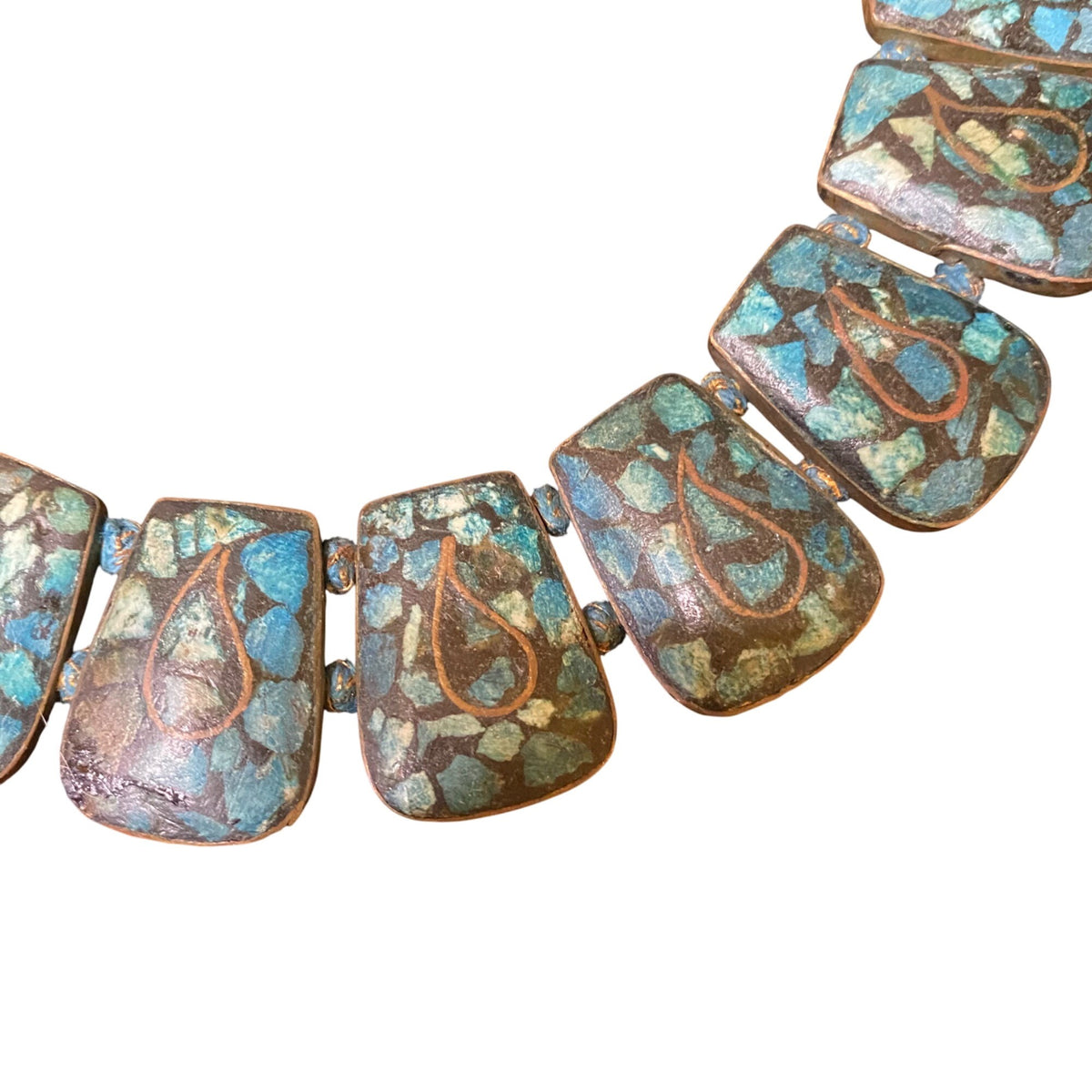 Vintage Turquoise Mosaic Statement Necklace With Teardrop Design