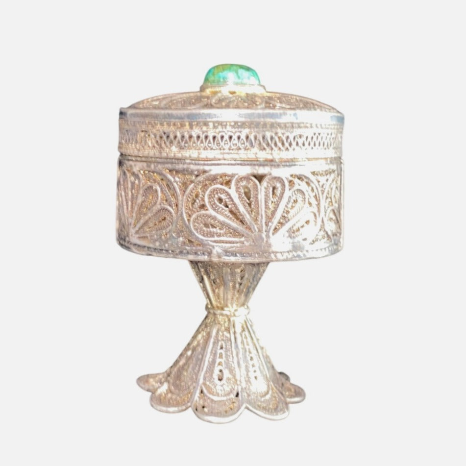 Filigree Pedestal Trinket Box Sterling Silver Turquoise Bead Lid Vintage