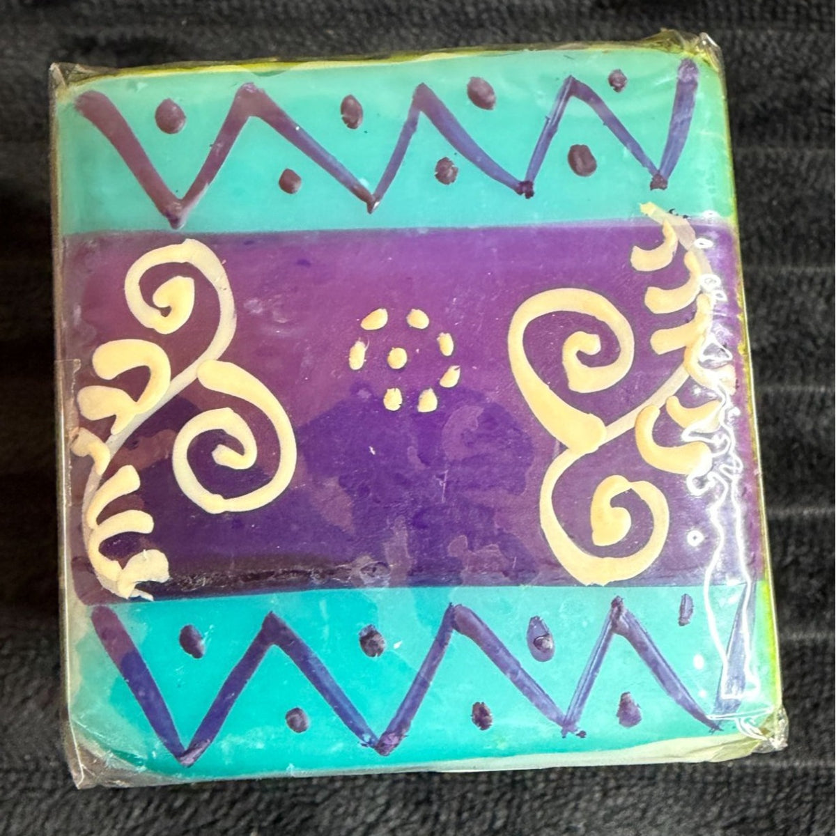 Handmade Fair Trade Matuko Square Candle By Nobunto 2.25" South Africa Multicolor Unique Wax Art Gift Features Intricate Tribal Patterns