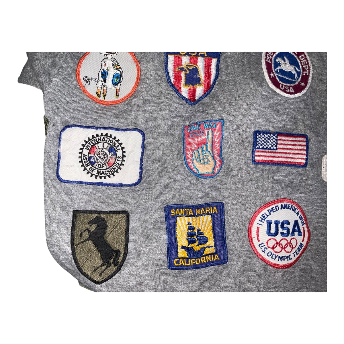 Vintage Gray Hoodie With Sewn-On Collectible Patches