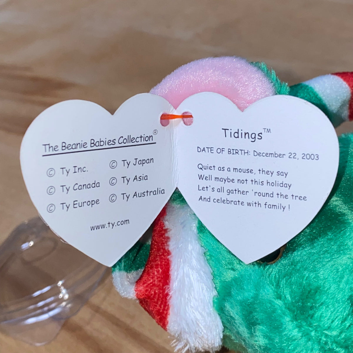 Ty Beanie Babies Tidings Mouse Plush Holiday Christmas Collectible Vintage-Style With Gift & Striped Hat