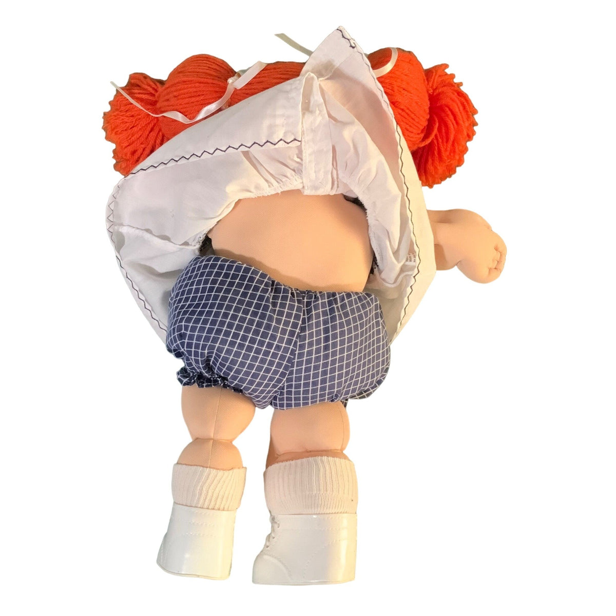 Vintage 1985 Cabbage Patch Kids Doll With Red Yarn Hair Green Eyes White Dress & Blue Checked Bloomers 16 Inches Tall