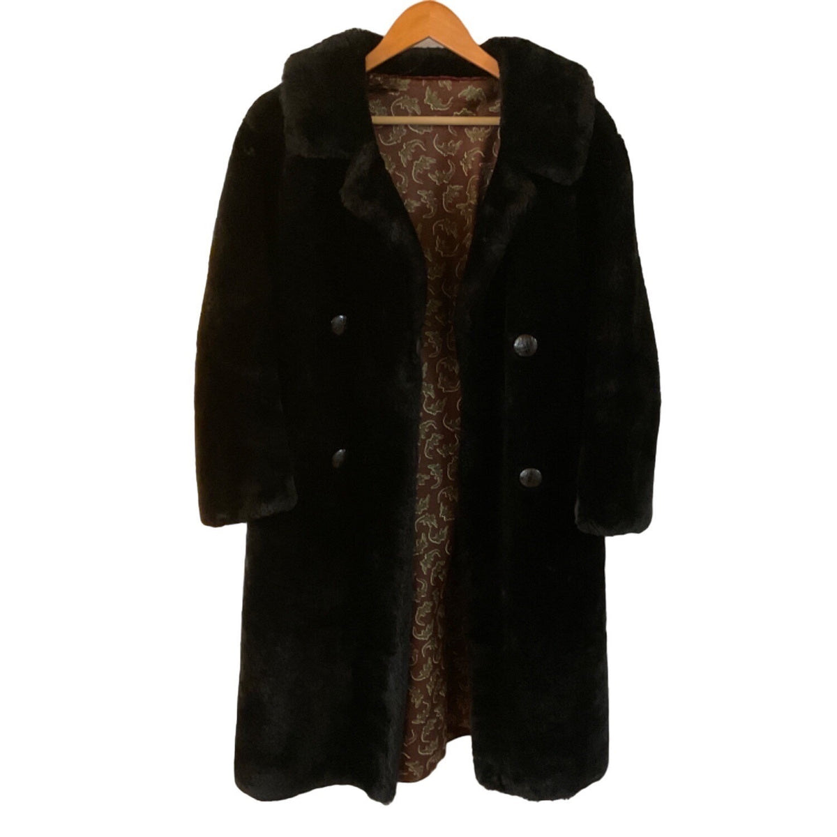 Black shearling sheepskin Double-Breasted Coat With Paisley Lining & Belted Back