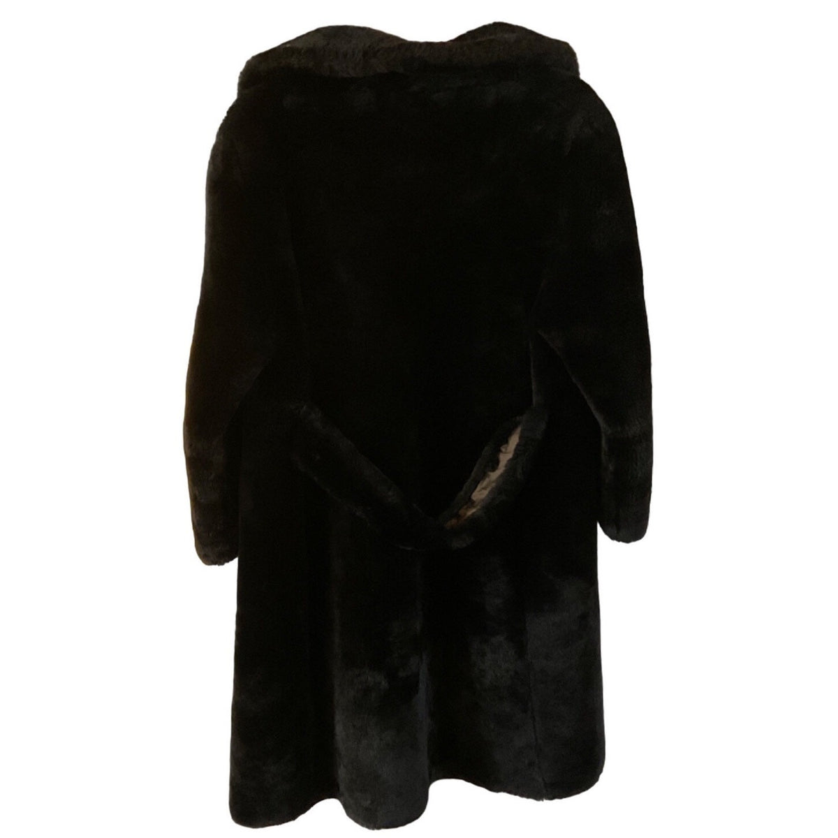 Black shearling sheepskin Double-Breasted Coat With Paisley Lining & Belted Back
