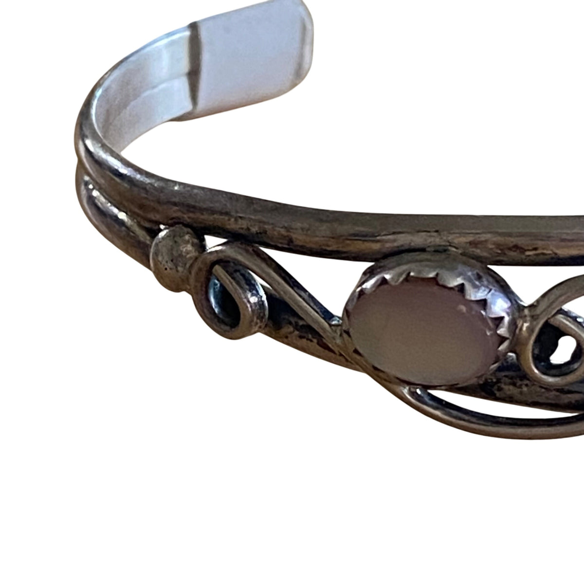 Native American Sterling Silver & Moonstone Cuff Bracelet With Swirl Design