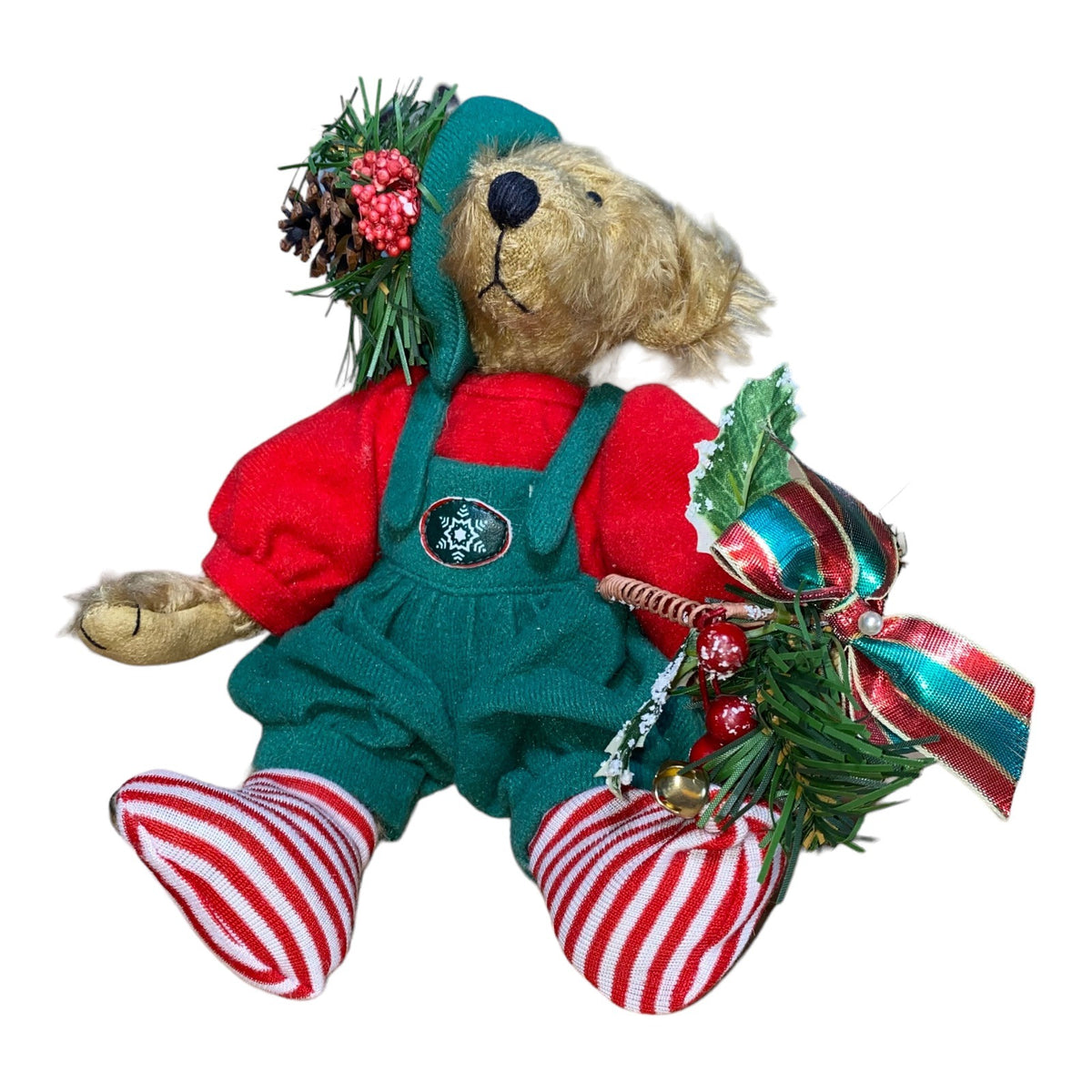 Santas Helper Mohair Teddy Bear By Debi Ortega - Festive Christmas Decoration With Green & Red Outfit & Accessories