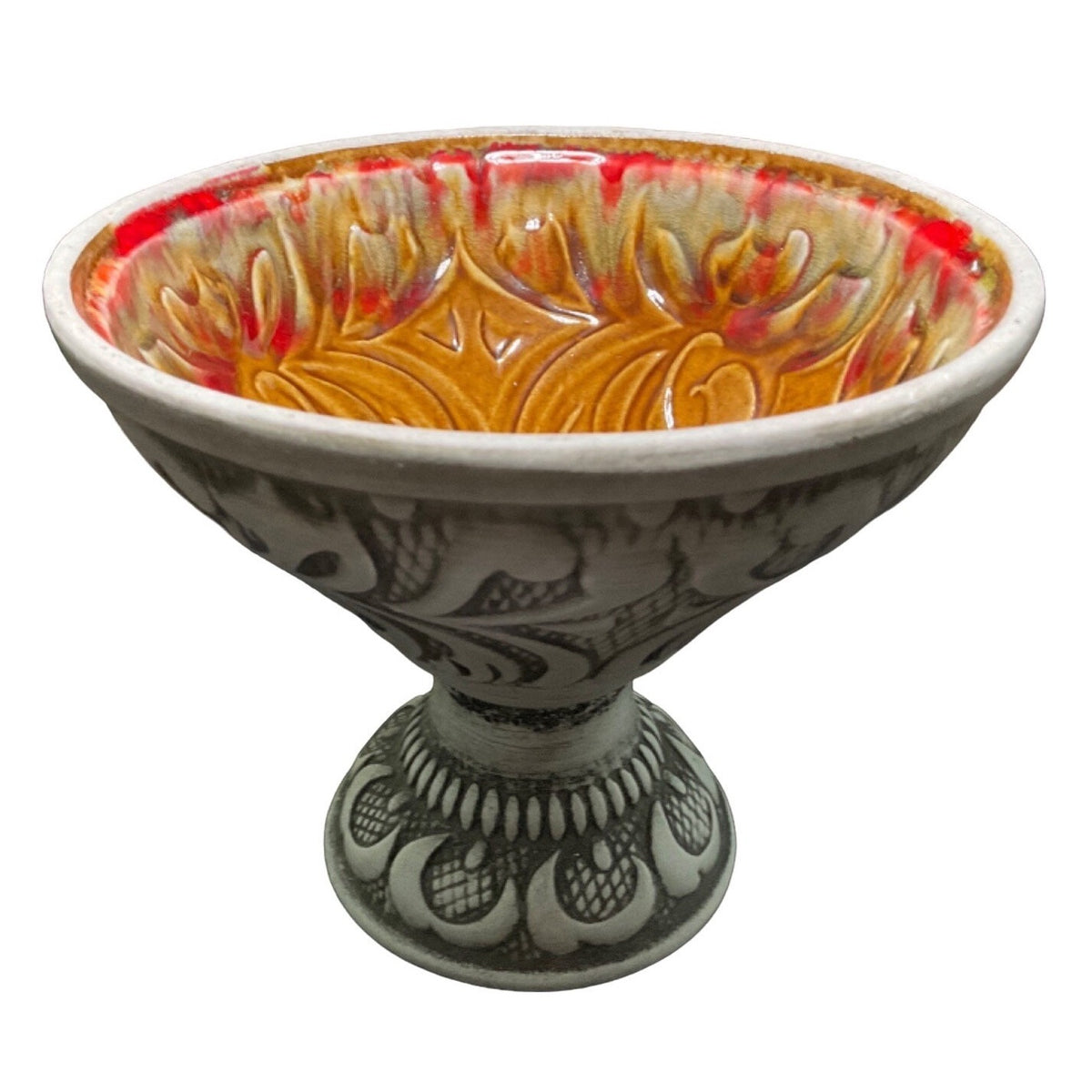 Vintage Pedestal Compote Bowl R-195 USA Art Pottery Intricate Floral Design Brown Red Green