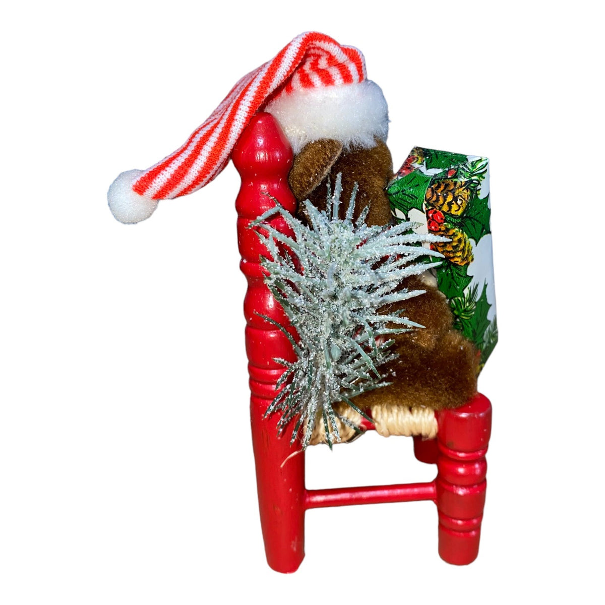 Handcrafted Teddy Bear Christmas Decoration On Red Chair With Festive Details