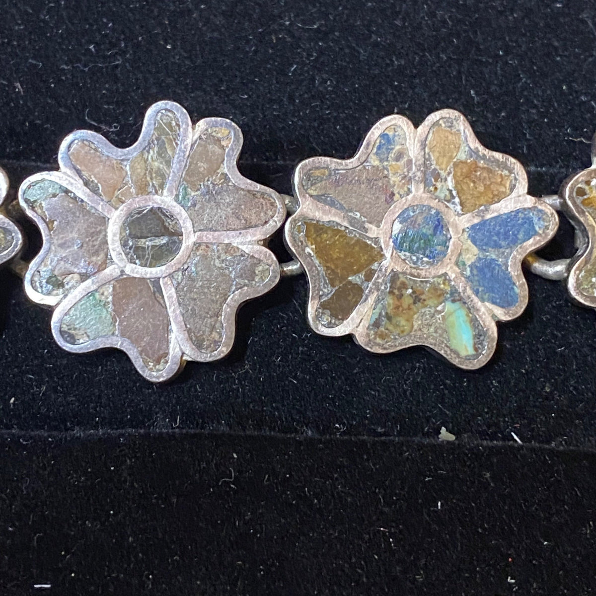 Vintage Mexican Sterling Silver & Stone Flower Bracelet